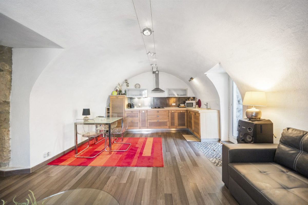 Cozy open-plan guest apartment with a curved white ceiling, modern kitchenette, wooden cabinets, and a red area rug near a