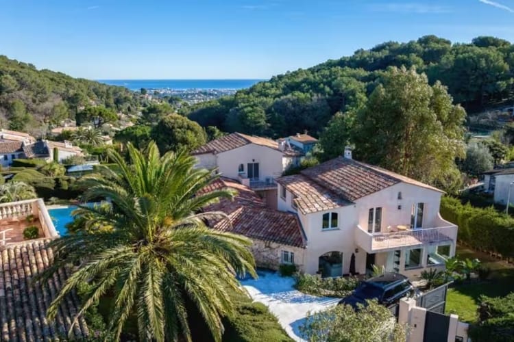 Aerial view of Villa Vallo overlooking the hills of Mougins with partial sea views across the French Riviera