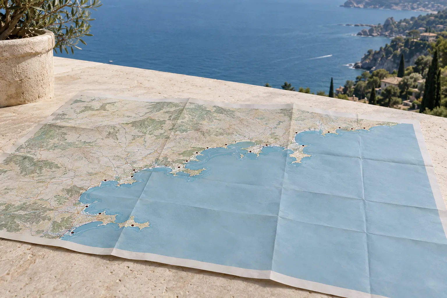 A large folded map laid on a stone surface with a coastal view in the distance.